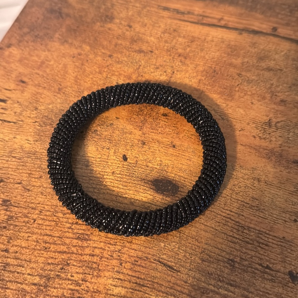 Black Beaded Bangle Bracelet, Retro, Boho, Vintage